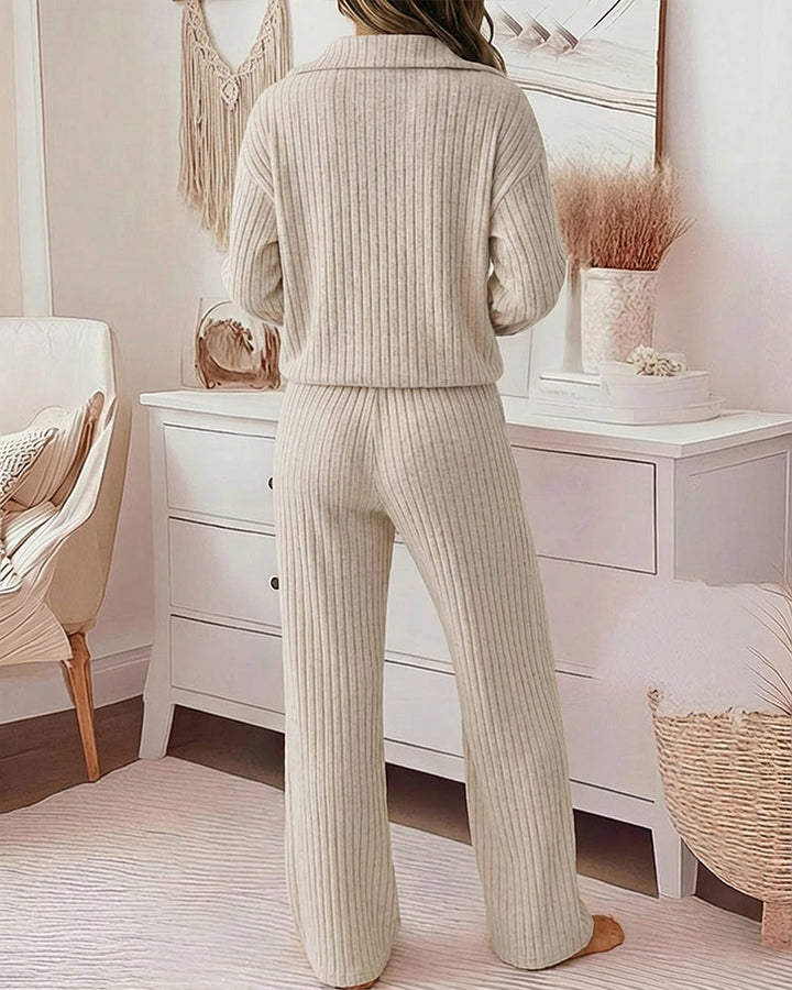 2 Pieces Outfit Turn-down Collar Long Sleeve Drop Shoulder Half Zipper Front Top and Elastic Waist Pants Set Casual Brushed Ribbed Set