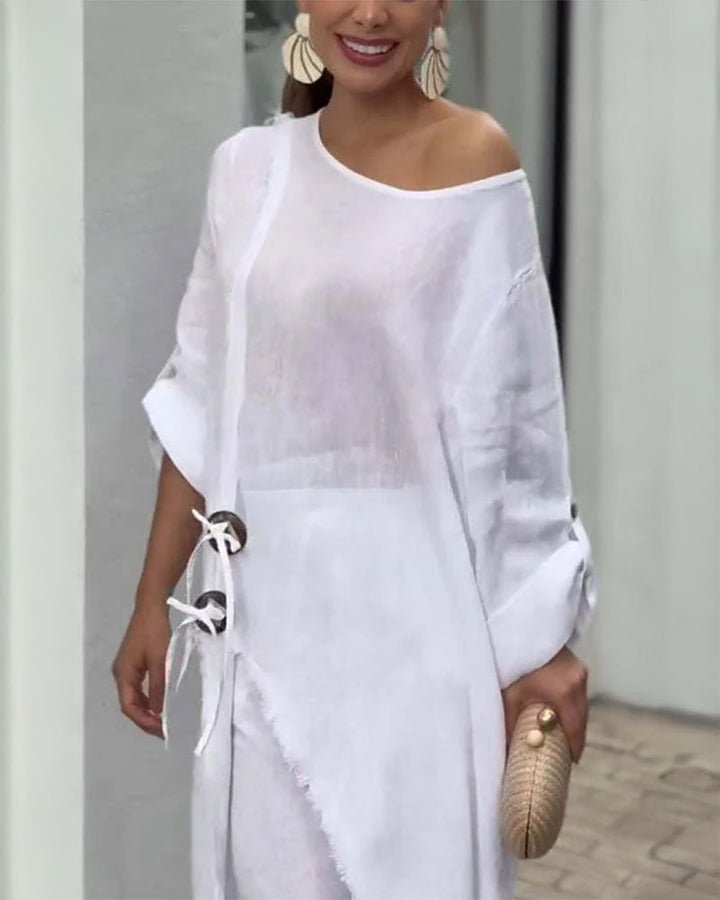 2 Pieces Outfit Button Decor One Shoulder Turn-Up Sleeves Slit Raw Edges Top and Casual Drawstring Elastic Waist Wide Leg Pants Set