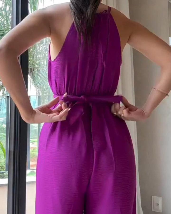 Halter Sleeveless Lace-up Jumpsuit Casual Waist Ruched Loose Fit Romper