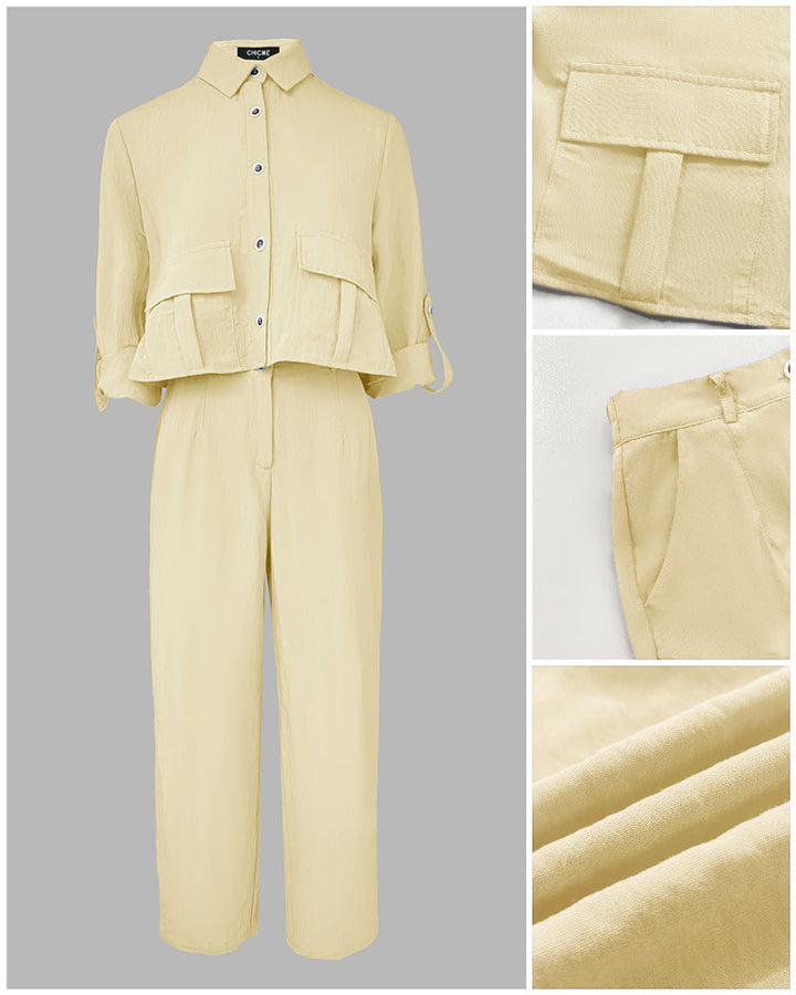 2 Pieces Outfit Turn-down Collar Turn-Up Sleeves Button Front Flap Pockets Design Top and Causal Zipper Fly Elastic Back Waist Wide Leg Pants Set