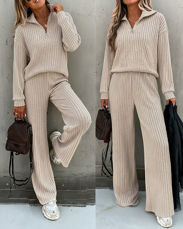 2 Pieces Outfit Turn-down Collar Long Sleeve Drop Shoulder Half Zipper Front Top and Elastic Waist Pants Set Casual Brushed Ribbed Set