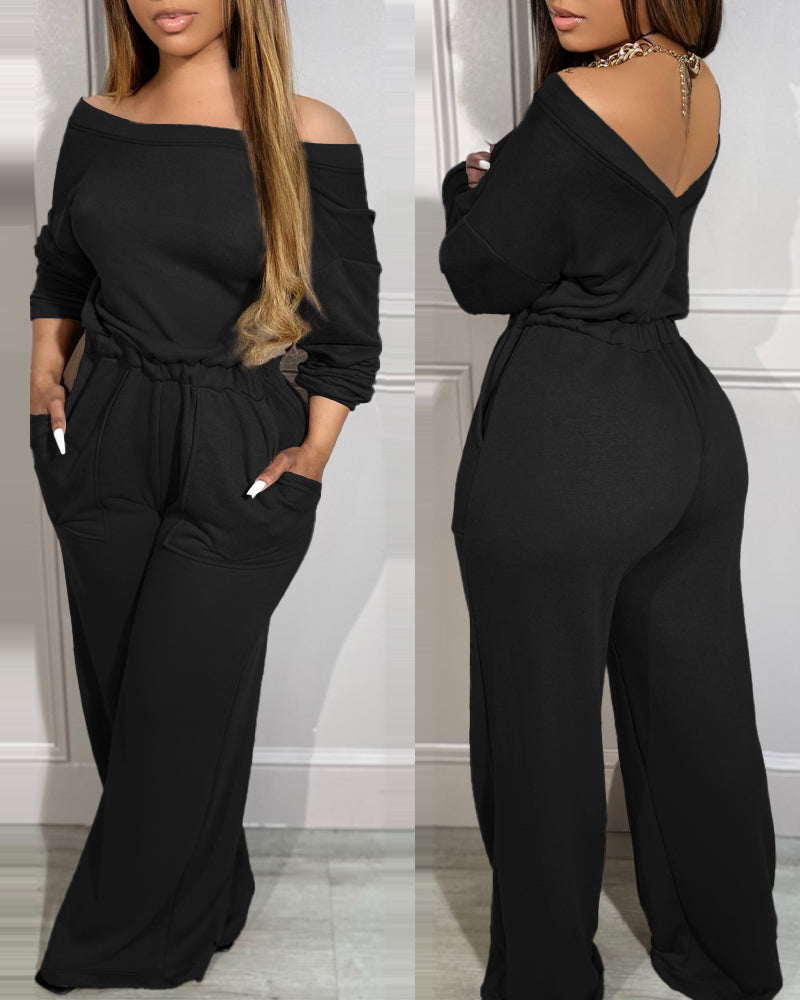 Off Shoulder V Back Elastic Waist Pockets Design Jumpsuit Casual Drop Shoulder Cinched Waist Wide Leg Jumpsuit