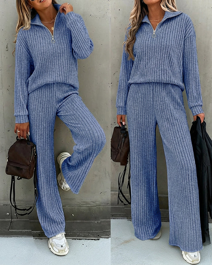 2 Pieces Outfit Turn-down Collar Long Sleeve Drop Shoulder Half Zipper Front Top and Elastic Waist Pants Set Casual Brushed Ribbed Set