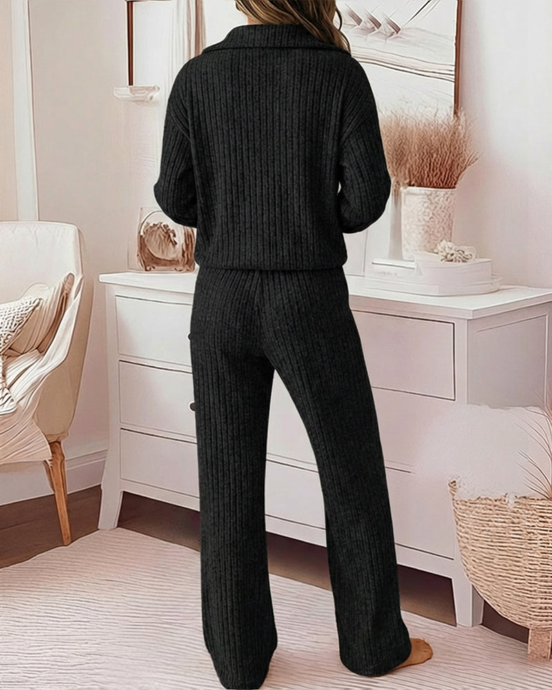 2 Pieces Outfit Turn-down Collar Long Sleeve Drop Shoulder Half Zipper Front Top and Elastic Waist Pants Set Casual Brushed Ribbed Set