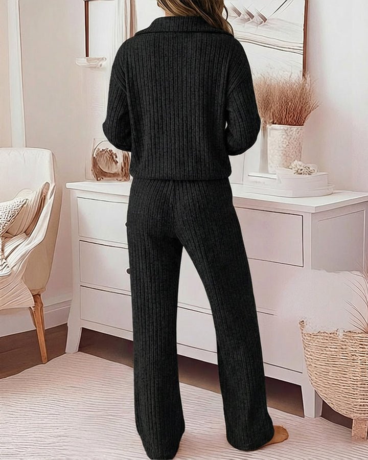 2 Pieces Outfit Turn-down Collar Long Sleeve Drop Shoulder Half Zipper Front Top and Elastic Waist Pants Set Casual Brushed Ribbed Set