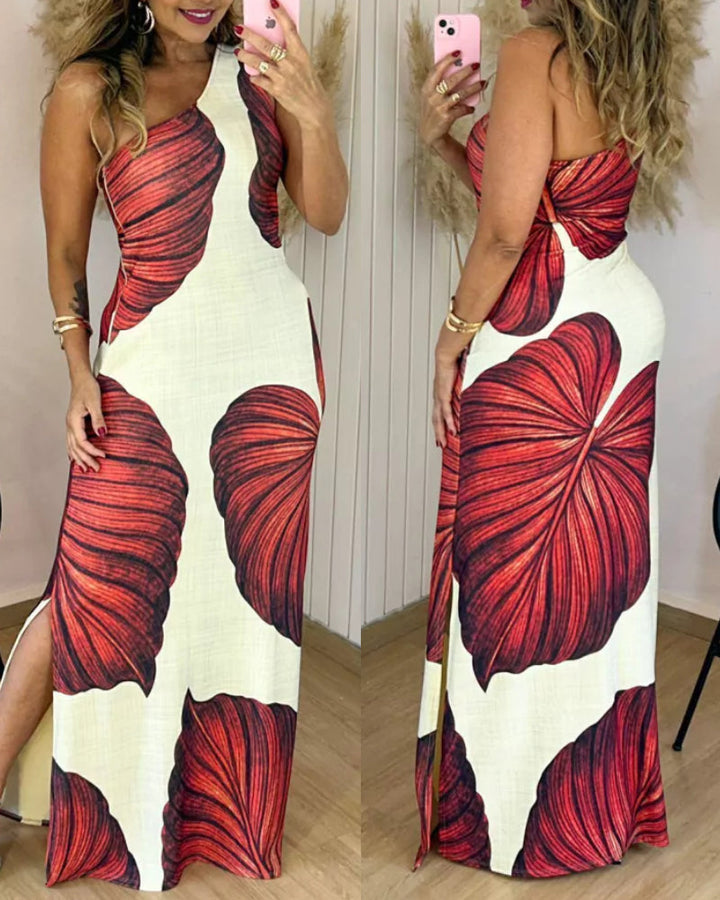 Tropical Print One Shoulder Bodycon Slit Dress Sexy Slim Fit Maxi Dress