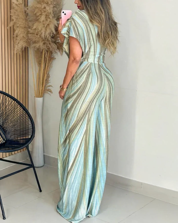 Colorblock Abstract Print One Shoulder Short Sleeve Zipper Side Overalls Casual Asymmetrical Wrap Design Wide Leg Jumpsuit