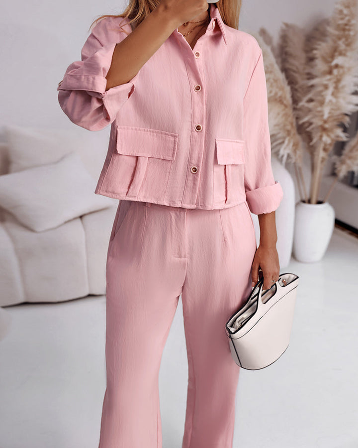 2 Pieces Outfit Turn-down Collar Turn-Up Sleeves Button Front Flap Pockets Design Top and Causal Zipper Fly Elastic Back Waist Wide Leg Pants Set