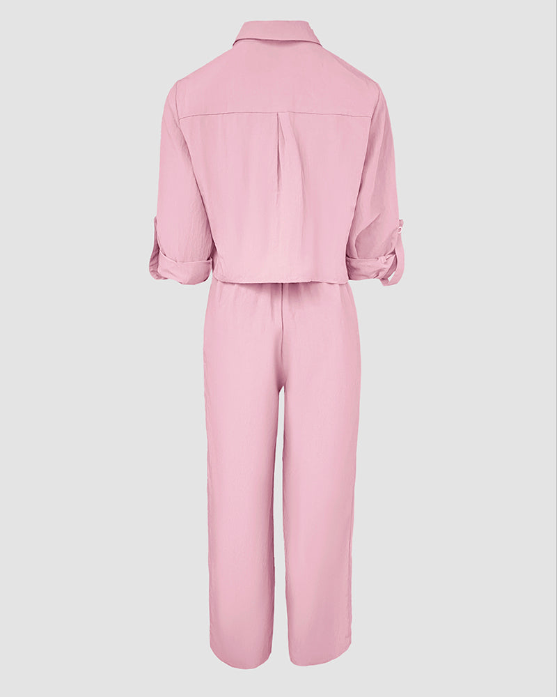 2 Pieces Outfit Turn-down Collar Turn-Up Sleeves Button Front Flap Pockets Design Top and Causal Zipper Fly Elastic Back Waist Wide Leg Pants Set