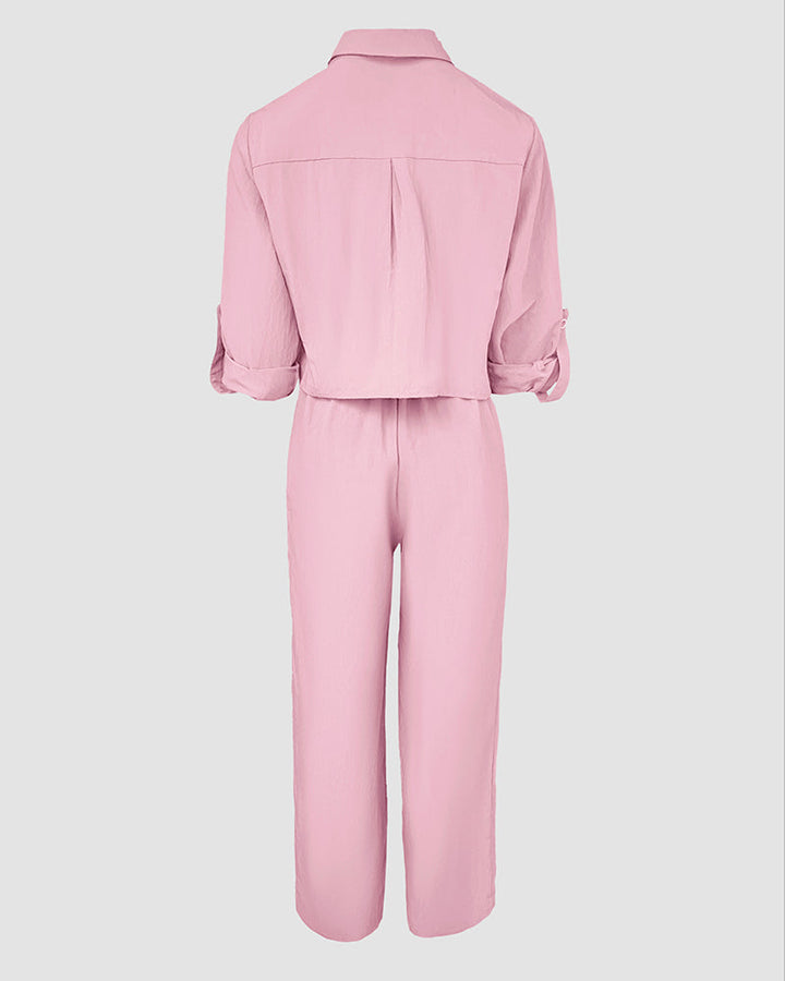 2 Pieces Outfit Turn-down Collar Turn-Up Sleeves Button Front Flap Pockets Design Top and Causal Zipper Fly Elastic Back Waist Wide Leg Pants Set