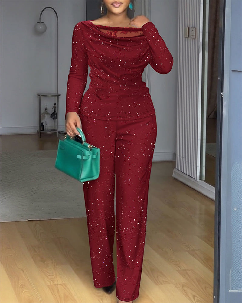 2 Pieces Outfit Cowl Neck Lace Spliced Long Sleeve Top and Elastic Waist Wide Leg Pants Set Casual Glitter Set
