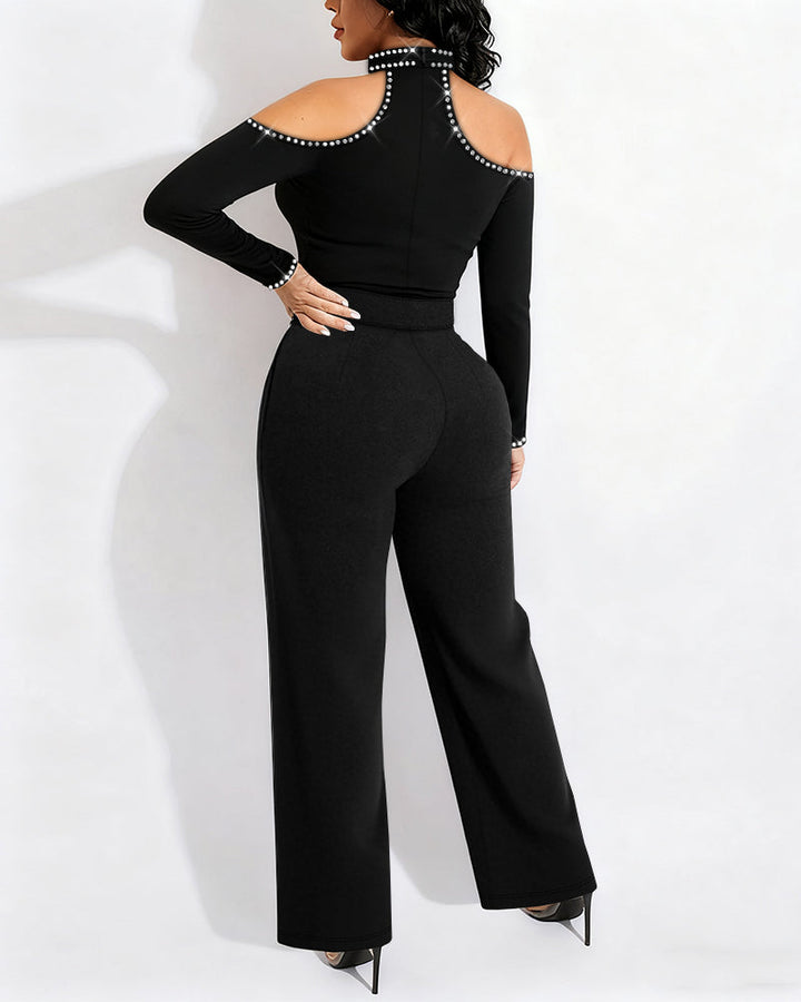 Rhinestone Decor Halter Cold Shoulder Long Sleeve Overalls Hollow-out Front Zipper Back Jumpsuit with Belt