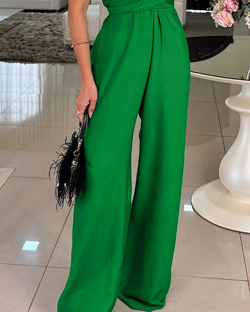 Halter Sleeveless Lace-up Jumpsuit Casual Waist Ruched Loose Fit Romper