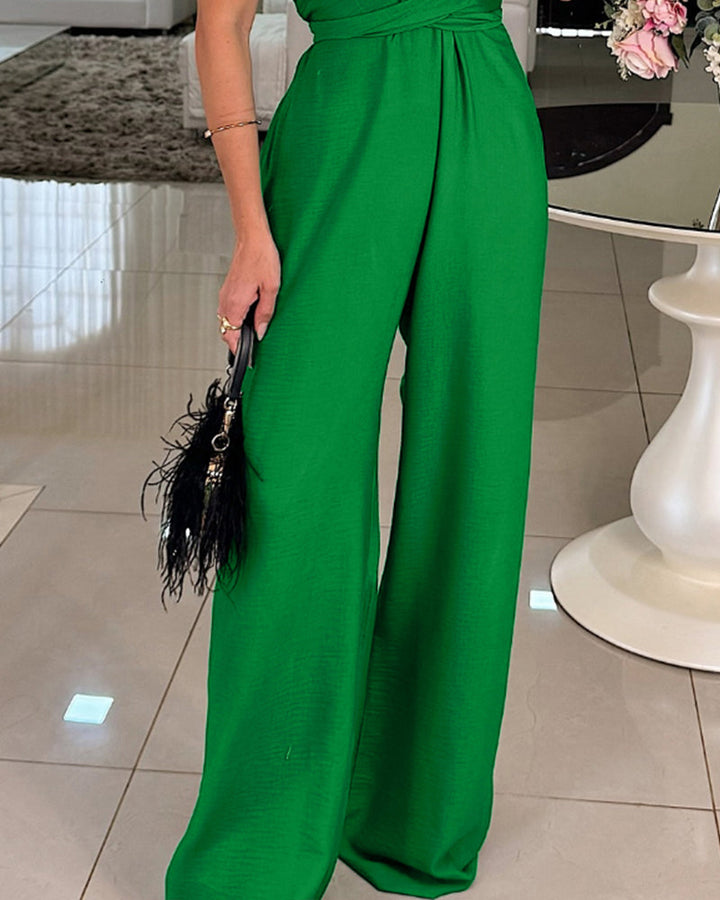 Halter Sleeveless Lace-up Jumpsuit Casual Waist Ruched Loose Fit Romper