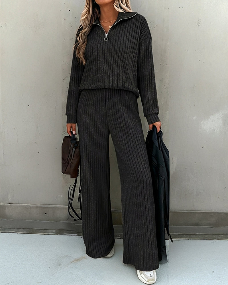 2 Pieces Outfit Turn-down Collar Long Sleeve Drop Shoulder Half Zipper Front Top and Elastic Waist Pants Set Casual Brushed Ribbed Set