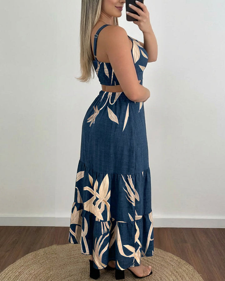 Plants Placement Print Adjustable Straps Cutout Waist Shirred Back Maxi Dress Casual Cinched Waist Ruffle Hem Vacation Dress