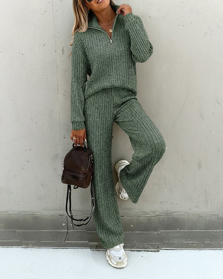 2 Pieces Outfit Turn-down Collar Long Sleeve Drop Shoulder Half Zipper Front Top and Elastic Waist Pants Set Casual Brushed Ribbed Set