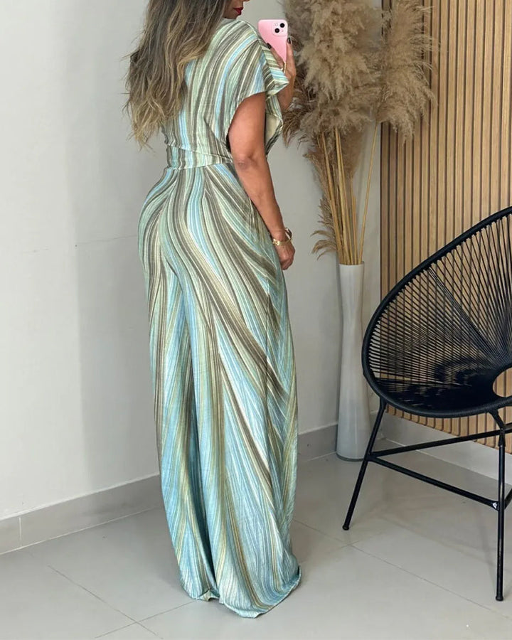 Colorblock Abstract Print One Shoulder Short Sleeve Zipper Side Overalls Casual Asymmetrical Wrap Design Wide Leg Jumpsuit