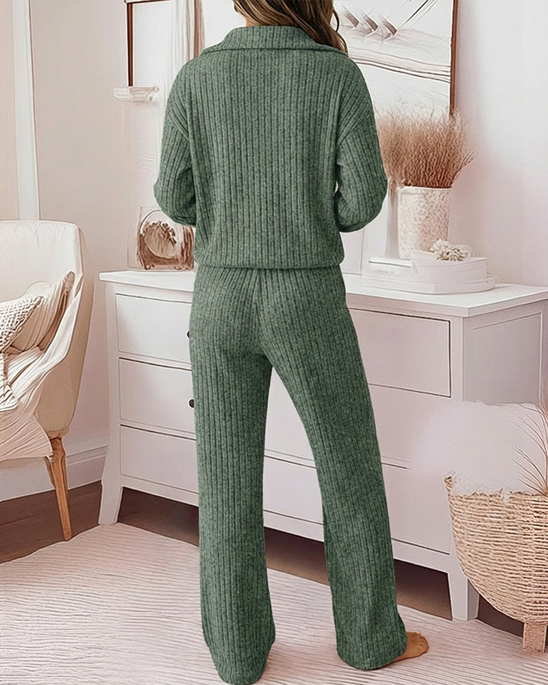 2 Pieces Outfit Turn-down Collar Long Sleeve Drop Shoulder Half Zipper Front Top and Elastic Waist Pants Set Casual Brushed Ribbed Set