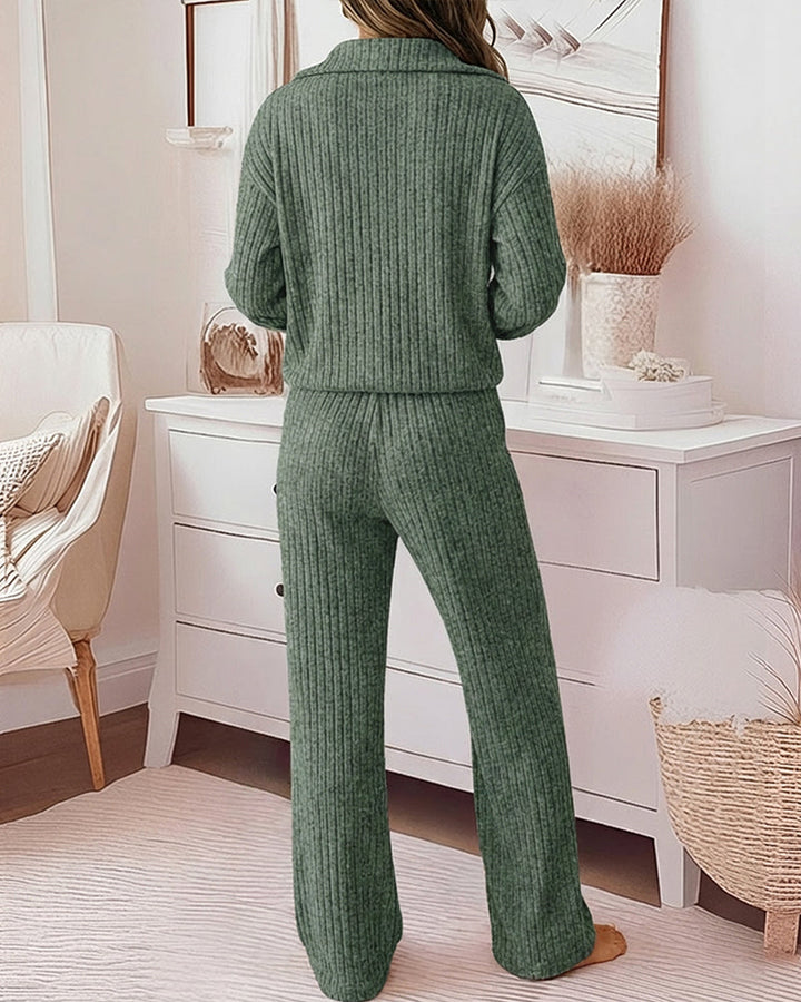 2 Pieces Outfit Turn-down Collar Long Sleeve Drop Shoulder Half Zipper Front Top and Elastic Waist Pants Set Casual Brushed Ribbed Set