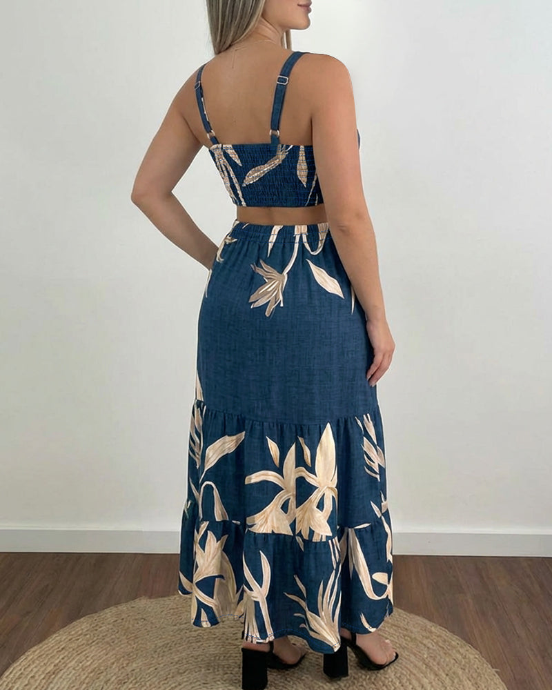 Plants Placement Print Adjustable Straps Cutout Waist Shirred Back Maxi Dress Casual Cinched Waist Ruffle Hem Vacation Dress