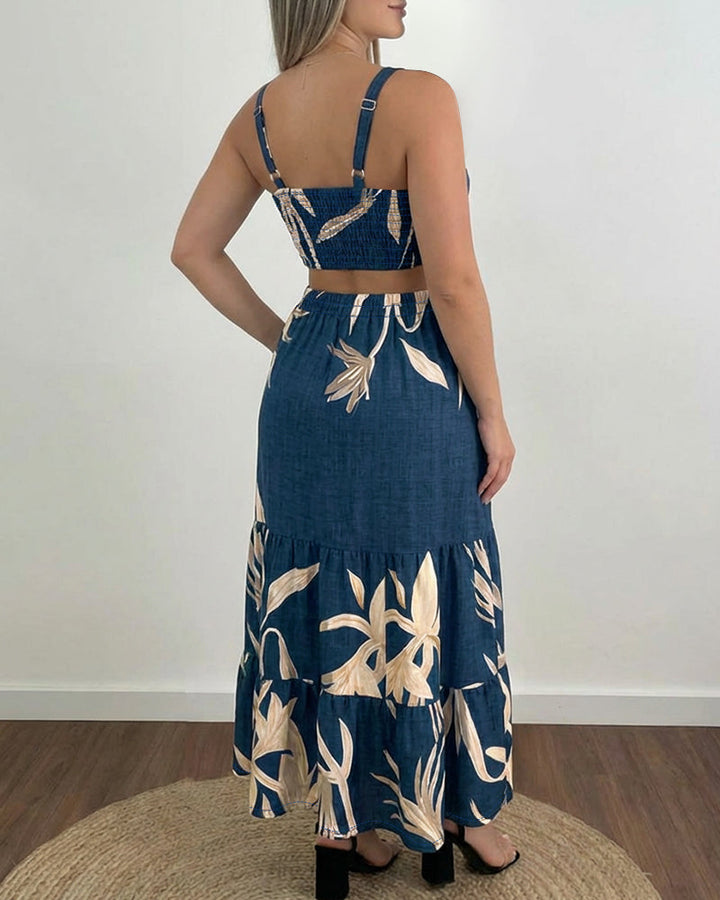 Plants Placement Print Adjustable Straps Cutout Waist Shirred Back Maxi Dress Casual Cinched Waist Ruffle Hem Vacation Dress