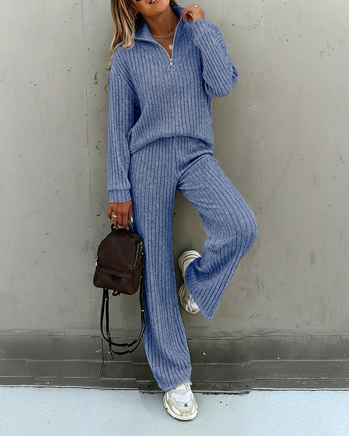 2 Pieces Outfit Turn-down Collar Long Sleeve Drop Shoulder Half Zipper Front Top and Elastic Waist Pants Set Casual Brushed Ribbed Set