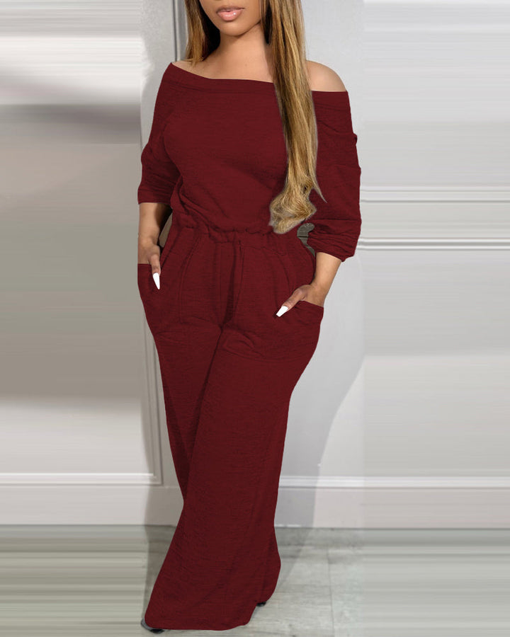Off Shoulder V Back Elastic Waist Pockets Design Jumpsuit Casual Drop Shoulder Cinched Waist Wide Leg Jumpsuit