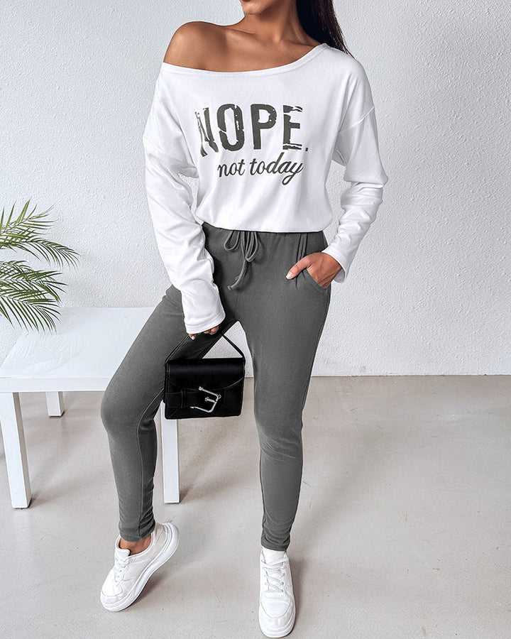 2 Pieces Outfit Nope. Not Today Slogan Print Skew Neck Long Sleeve Pullover Top And Casual Drawstring Stretchy Waist Slim Fit Pants Set