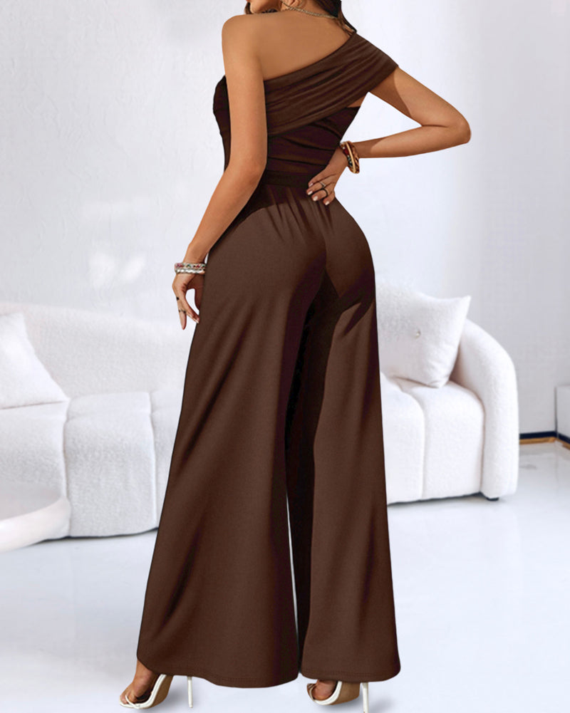 Cold Shoulder Ruched Buckle Wide Leg Jumpsuit