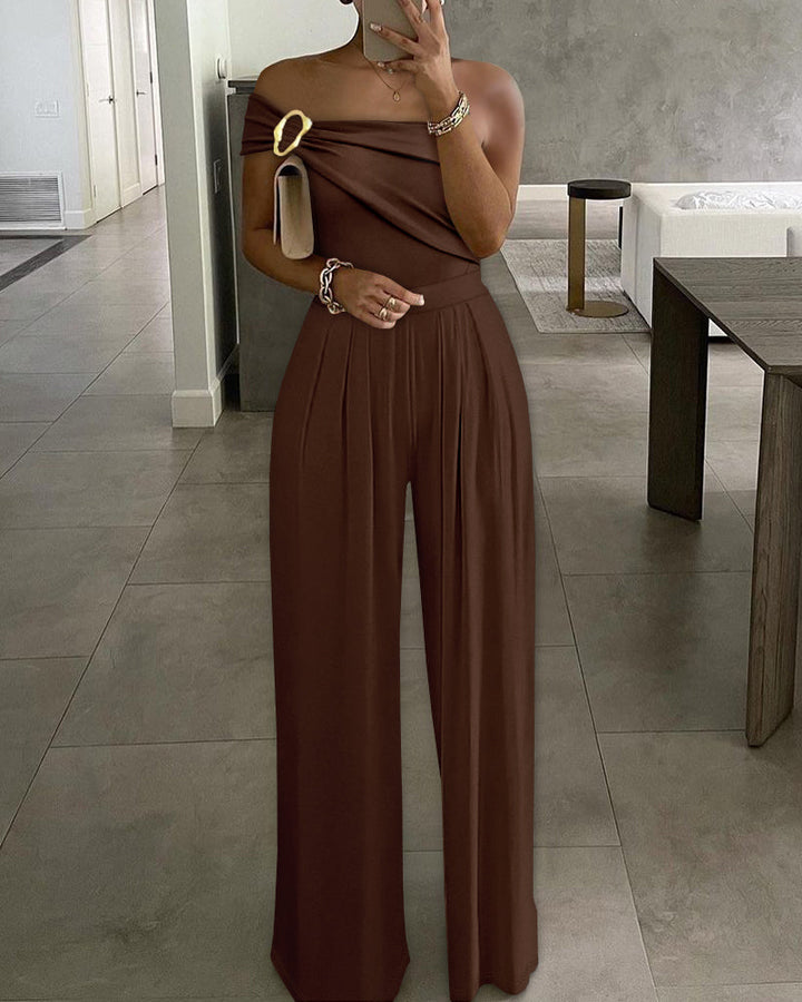 Cold Shoulder Ruched Buckle Wide Leg Jumpsuit