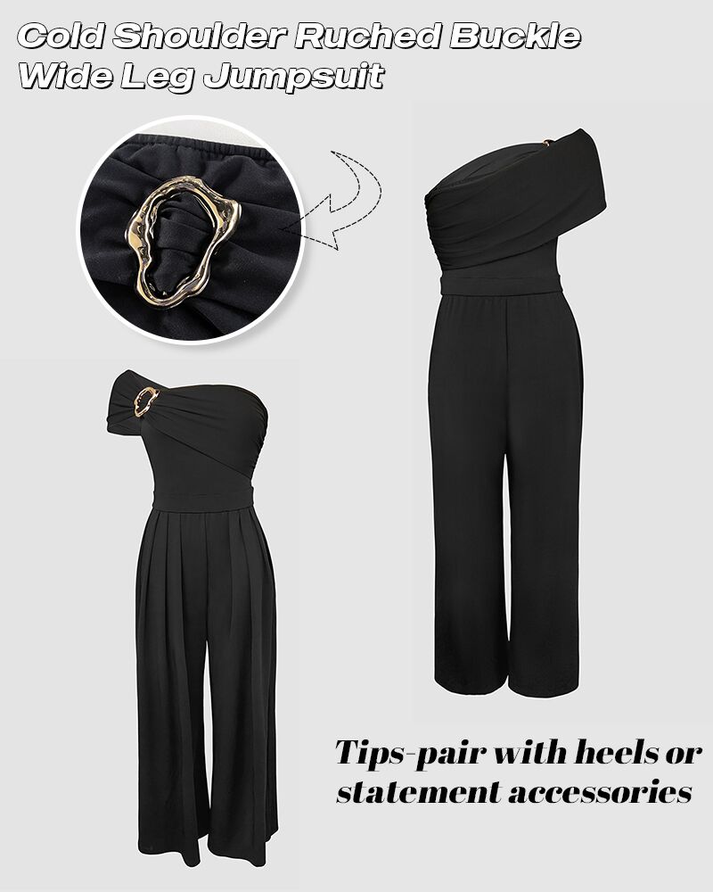 Cold Shoulder Ruched Buckle Wide Leg Jumpsuit