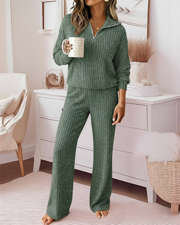 2 Pieces Outfit Turn-down Collar Long Sleeve Drop Shoulder Half Zipper Front Top and Elastic Waist Pants Set Casual Brushed Ribbed Set