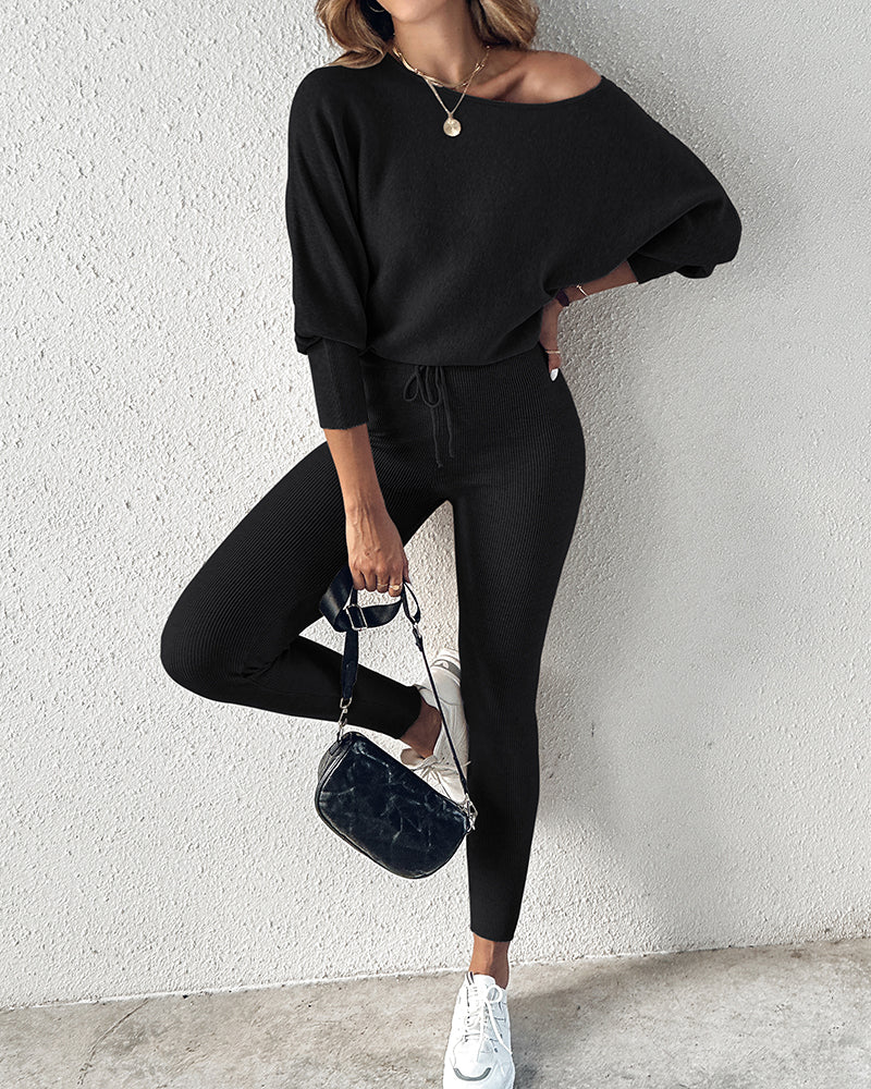2 Pieces Outfit Skew Neck Long Sleeve Loose Pullover Top and Drawstring High Waist Slim Fit Pants Set