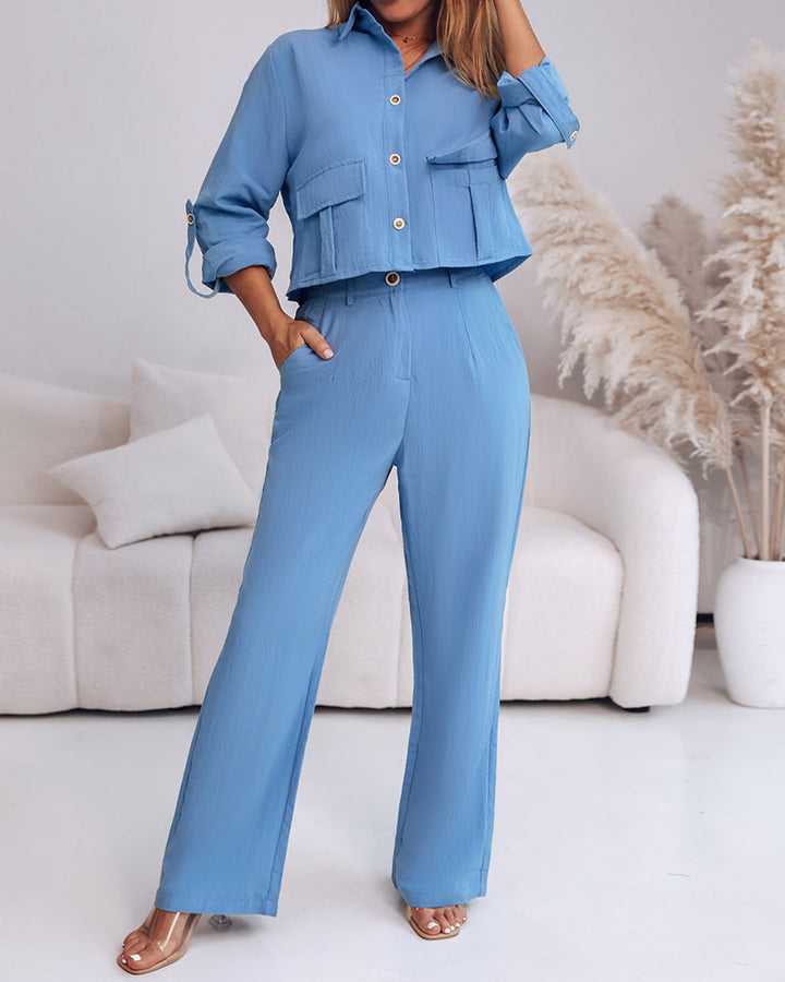 2 Pieces Outfit Turn-down Collar Turn-Up Sleeves Button Front Flap Pockets Design Top and Causal Zipper Fly Elastic Back Waist Wide Leg Pants Set