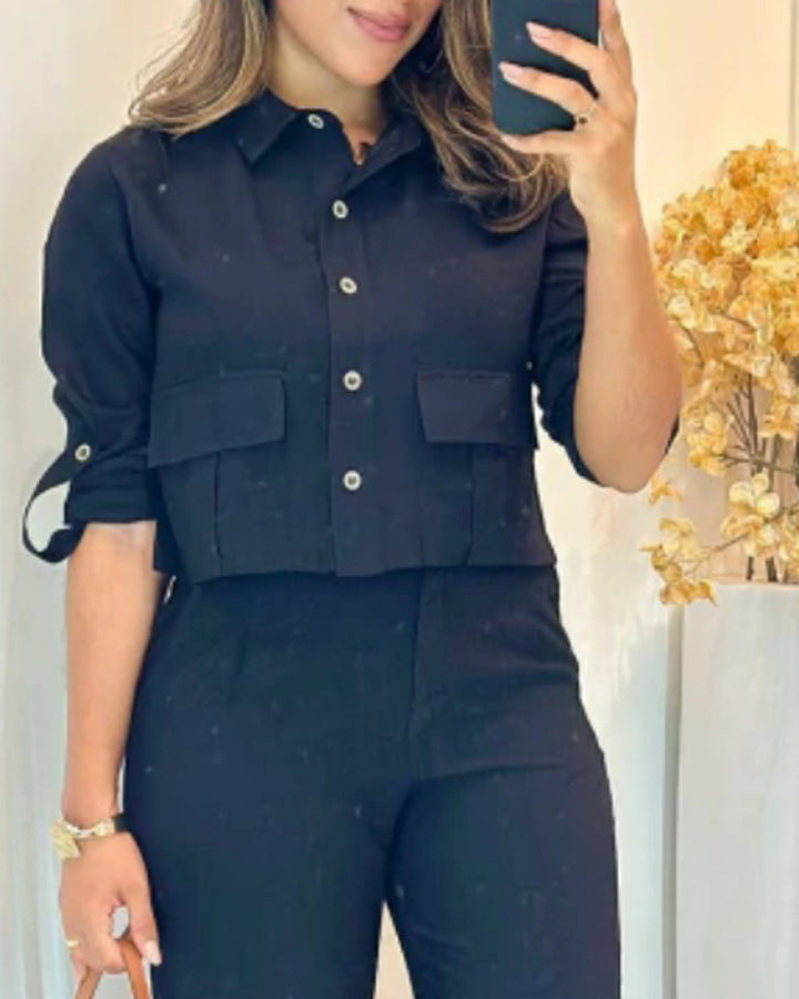 2 Pieces Outfit Turn-down Collar Turn-Up Sleeves Button Front Flap Pockets Design Top and Causal Zipper Fly Elastic Back Waist Wide Leg Pants Set