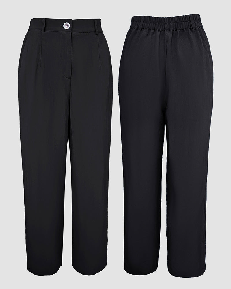 2 Pieces Outfit Turn-down Collar Turn-Up Sleeves Button Front Flap Pockets Design Top and Causal Zipper Fly Elastic Back Waist Wide Leg Pants Set