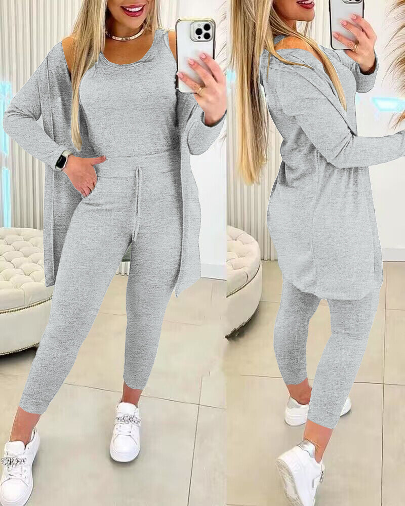 3 Piece Lounge Set Crewneck Sleeveless Tank Top Long Sleeve Open Front Coat Pants Sweatsuit