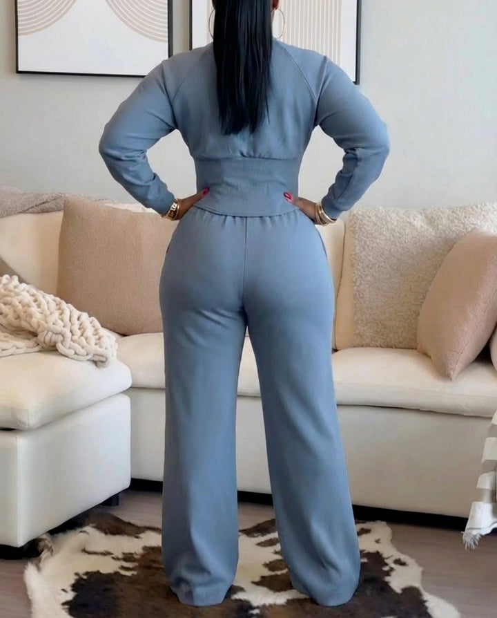 2 Pieces Outfit O-neck Long Sleeve Cinched Waist Sweatshirt and Elastic Waist Wide Leg Pants Set Casual Seam Design Sweatpants Set