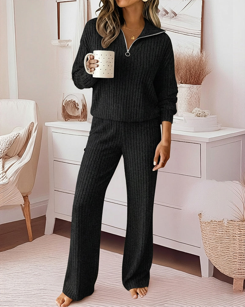 2 Pieces Outfit Turn-down Collar Long Sleeve Drop Shoulder Half Zipper Front Top and Elastic Waist Pants Set Casual Brushed Ribbed Set