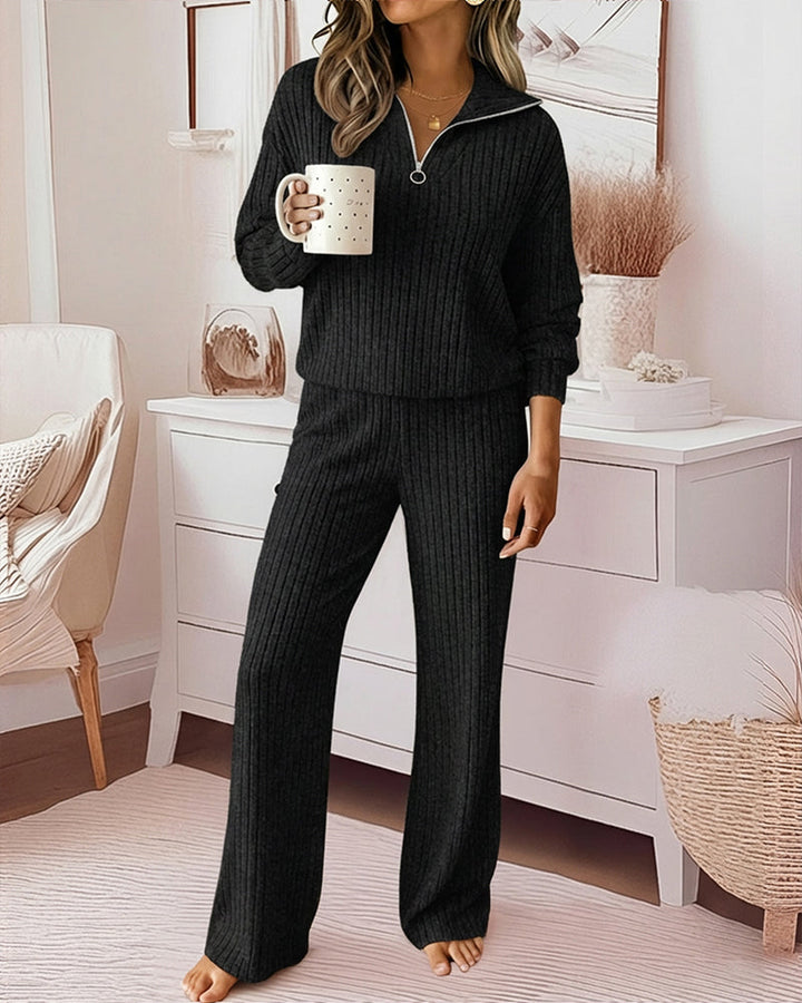 2 Pieces Outfit Turn-down Collar Long Sleeve Drop Shoulder Half Zipper Front Top and Elastic Waist Pants Set Casual Brushed Ribbed Set