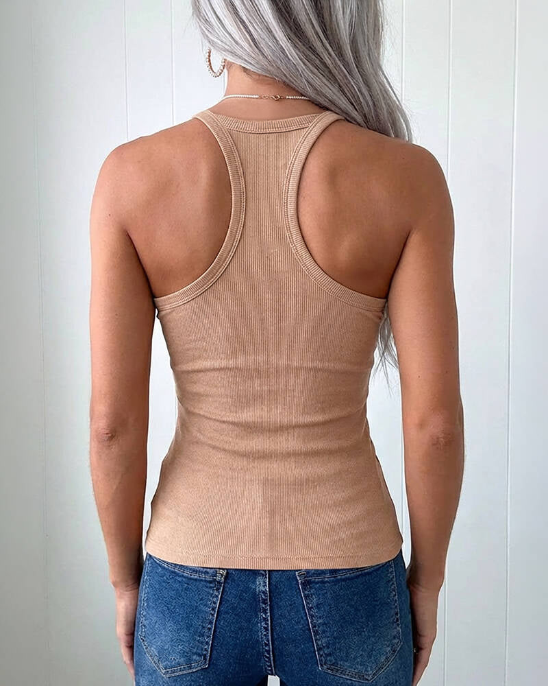 U-Neck Spaghetti Straps Ribbed Top Slim Fit Versatile Racerback Cami Top