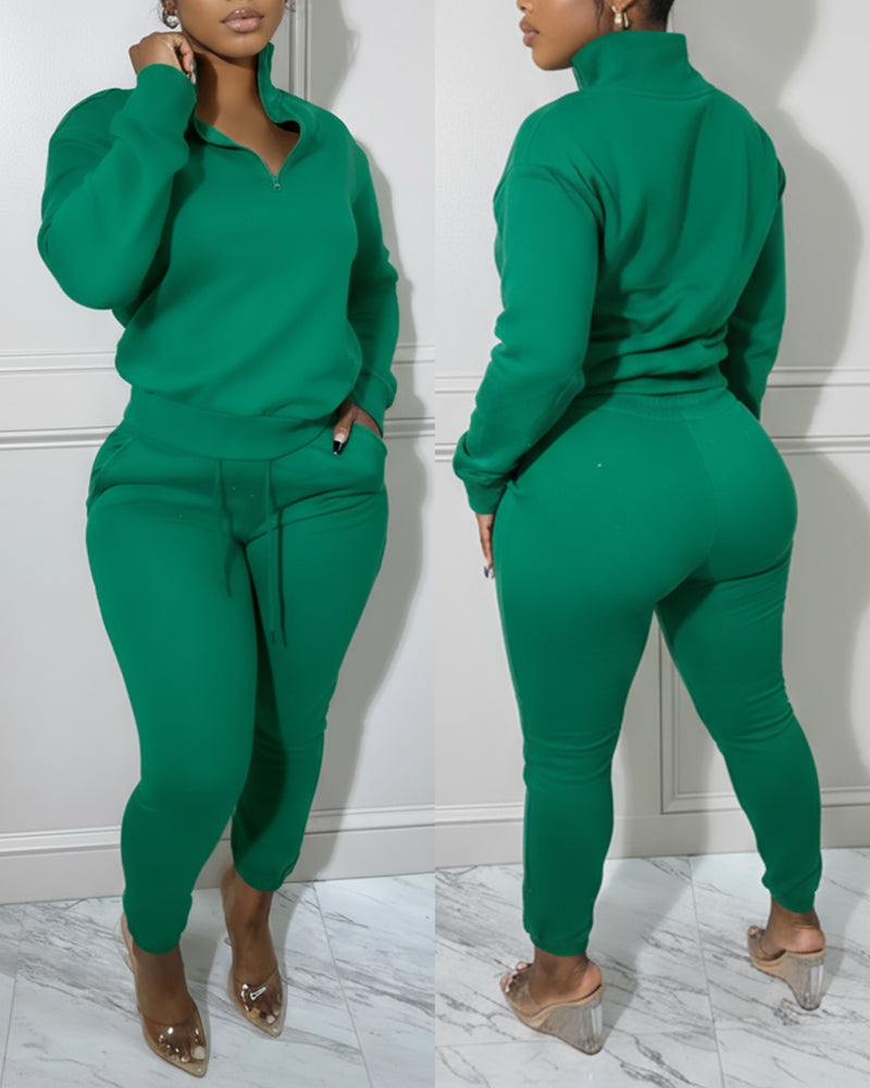 2 Pieces Outfit High Neck Half Zip Drop Shoulder Top and Drawstring Elastic Waist Slim Fit Jogger Pants Set Casual Tracksuit