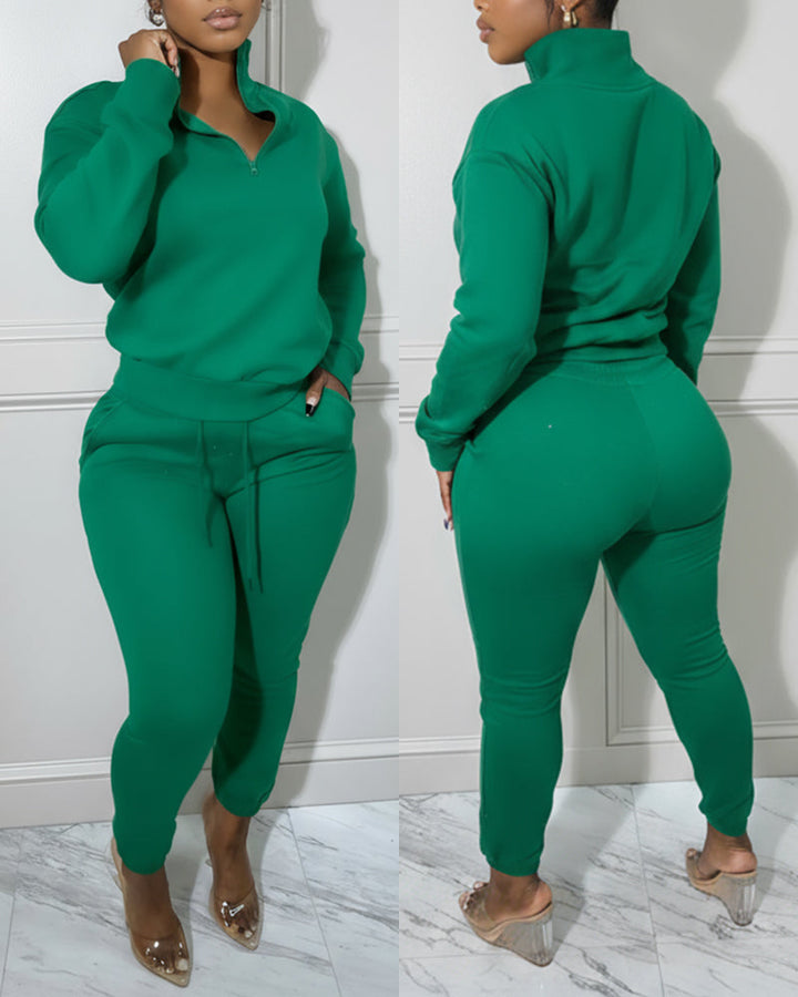 2 Pieces Outfit High Neck Half Zip Drop Shoulder Top and Drawstring Elastic Waist Slim Fit Jogger Pants Set Casual Tracksuit