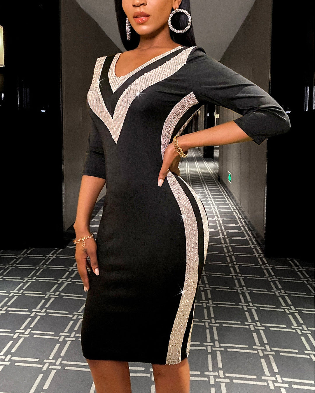 Contrast Sequin V-Neck Bodycon Dress Sexy Slim Fit Midi Dress