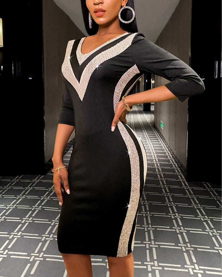 Contrast Sequin V-Neck Bodycon Dress Sexy Slim Fit Midi Dress