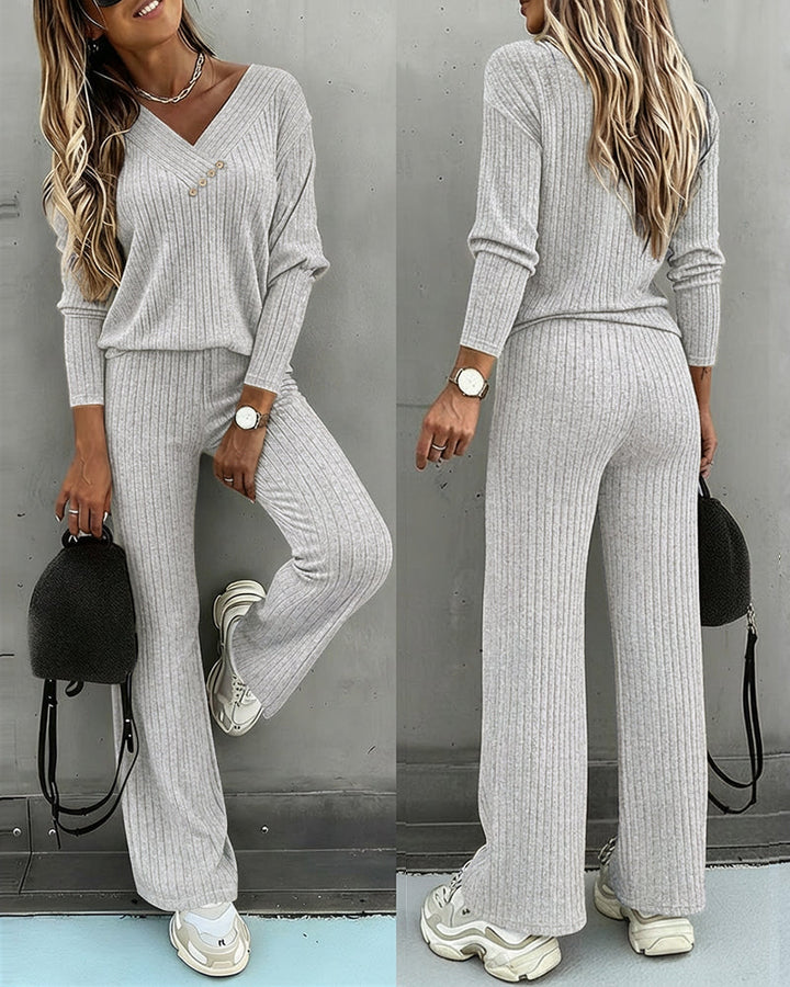 2 Pieces Outfit Button Decor V-Neck Long Sleeve Top and Elastic Waist Straight Leg Pants Set Casual Ribbed Set