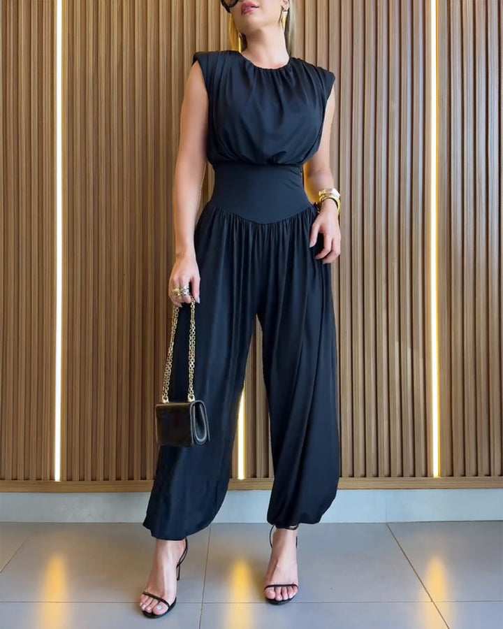 Padded Shoulders Sleeveless Cinched Waist Side High Slit Overalls Casual Hollow-out Back Ruched Jumpsuit