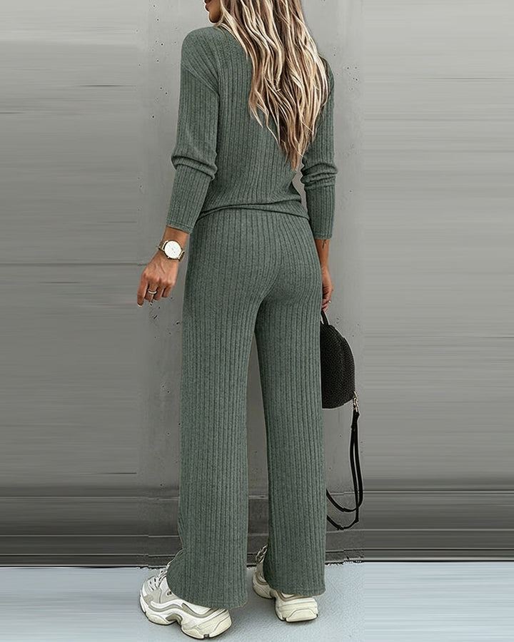 2 Pieces Outfit Button Decor V-Neck Long Sleeve Top and Elastic Waist Straight Leg Pants Set Casual Ribbed Set