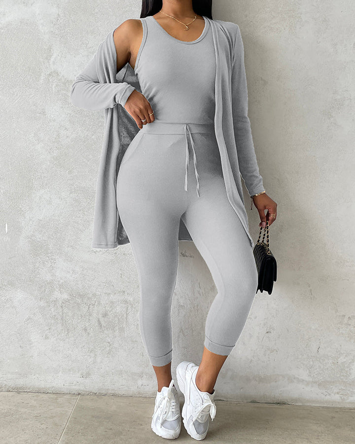 3 Piece Lounge Set Crewneck Sleeveless Tank Top Long Sleeve Open Front Coat Pants Sweatsuit